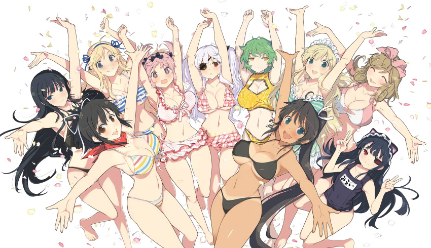 6+girls ^_^ absurdres animal_ears armpits arms_up asuka_(senran_kagura) bangs bare_shoulders bikini bikini_skirt bikini_top black_bikini black_hair black_ribbon blonde_hair blue_eyes blue_ribbon blue_stripes blush bow breasts brown_eyes brown_hair cat_ears cleavage closed_eyes closed_mouth collarbone double_v expressionless eyebrows_visible_through_hair eyepatch flat_chest frilled_bikini frills green_eyes green_hair hair_bow hair_ornament hair_ribbon hairclip haruka_(senran_kagura) hibari_(senran_kagura) highres hikage_(senran_kagura) homura_(senran_kagura) huge_breasts ikaruga_(senran_kagura) katsuragi_(senran_kagura) large_breasts long_hair looking_at_viewer maid_headdress mirai_(senran_kagura) multicolored multicolored_stripes multiple_girls navel official_art one-piece_swimsuit open_mouth outstretched_arms parted_lips petals pink_bikini pink_hair polka_dot polka_dot_bikini ponytail red_eyes red_scarf ribbon scarf school_uniform senran_kagura senran_kagura_burst shiny shiny_hair shiny_skin short_hair short_twintails shuriken simple_background smile spread_arms stomach striped striped_bikini swimsuit symbol-shaped_pupils tan tanline tied_hair twintails v very_long_hair white_background white_hair white_ribbon yaegashi_nan yagyuu_(senran_kagura) yellow_bikini yellow_eyes yomi_(senran_kagura)