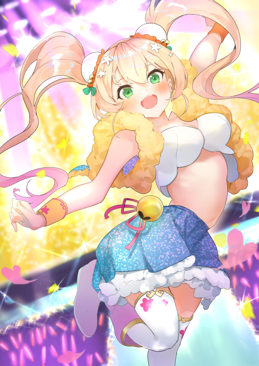 1girl :d alternate_costume alternate_hairstyle arm_up blonde_hair blue_skirt blush breasts bun_cover cleavage commentary cowboy_shot double_bun flower glowstick gradient_hair green_eyes hair_flower hair_ornament highres hinata_(hinata-ur) hololive long_hair looking_at_viewer medium_breasts midriff miniskirt momosuzu_nene multicolored_hair open_mouth pink_footwear pink_hair skirt smile solo stage_lights strapless thighhighs thighhighs_under_boots tubetop twintails two-tone_hair virtual_youtuber white_legwear wrist_cuffs