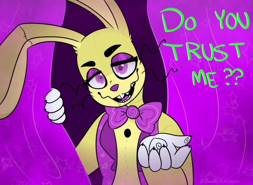 2020 ? anthro big_ears black_eyebrows bow_tie buckteeth candyxxxcorpse claws clothed clothing curtains dialogue english_text eyebrows eyelashes five_nights_at_freddy's five_nights_at_freddy's_vr:help_wanted fnaf_vr_help_wanted glitchtrap gloves half-closed_eyes handwear inviting lagomorph leporid long_ears long_whiskers looking_at_viewer male mammal narrowed_eyes open_mouth pink_tongue psychopath purple_eyelids purple_eyes purple_nose question rabbit raised_arm sharp_teeth smile solo stage_curtains standing stitch_(disambiguation) teeth text tongue topwear vest video_games whiskers yellow_body yellow_ears