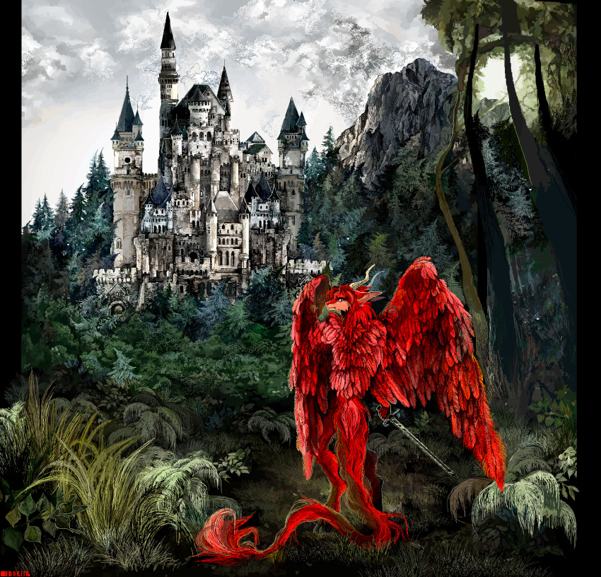 anthro barefoot castle cloudscape detailed detailed_background digital_drawing_(artwork) digital_media_(artwork) digital_painting_(artwork) dragon evergreen_tree fantasy feathered_dragon feathered_wings feathers fluffy fluffy_tail forest fur furred_dragon grass hair hi_res holding_object holding_sword holding_weapon horn jeffusherb leaf long_ears long_tail looking_back male medieval melee_weapon monotone_body monotone_fur monotone_hair mountain paws pine_tree pixel_(artwork) plant red_body red_feathers red_fur red_hair shrub sky solo standing sword tower tree weapon wings