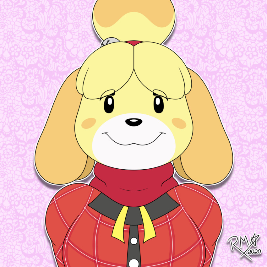 1:1 2020 animal_crossing anthro big_breasts blush breasts canid canine canis clothed clothing domestic_dog female fur hair hi_res isabelle_(animal_crossing) looking_at_viewer mammal nintendo pink_background richyminer shih_tzu simple_background smile solo toy_dog video_games yellow_body yellow_fur