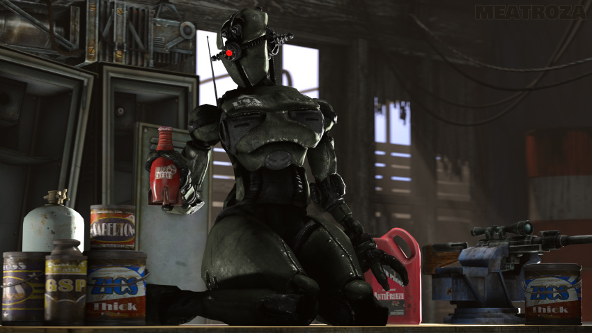 1_eye 3d_(artwork) absurd_res assaultron bethesda_softworks breasts cable claws digital_media_(artwork) fallout female gas_canister gas_tank green_body gun hi_res holding_object humanoid inside kneeling living_machine locker machine meatroza mouthless not_furry nuka-cola ranged_weapon red_eyes rifle robot scope sniper_rifle solo solo_focus source_filmmaker thick_thighs video_games weapon wire