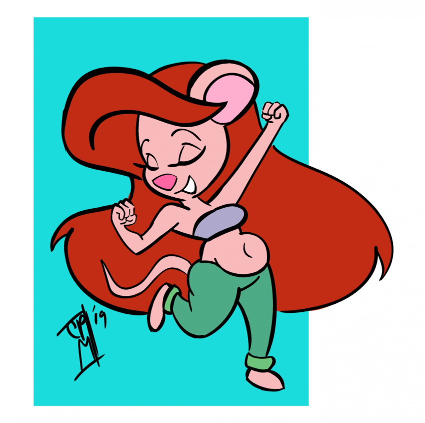 2019 anthro barefoot belly blue_background bottomwear chip_'n_dale_rescue_rangers clothing cosplay disney eyes_closed female fluffychuck91 fur gadget_hackwrench hair hi_res mammal mouse murid murine navel pants pink_nose red_hair rodent signature simple_background solo tan_body tan_fur the_little_mermaid topwear white_background