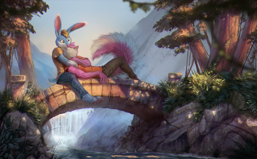 2019 5_fingers anthro big_ears blue_body blue_fur bridge clothed clothing conditional_dnp cuddling detailed_background digital_media_(artwork) duo eye_contact fingers fully_clothed fur hi_res humanoid_hands lagomorph latex_(artist) leporid looking_at_another male mammal mountain outside pink_body pink_fur rabbit river shirt t-shirt topwear tree white_body white_fur yellow_eyes