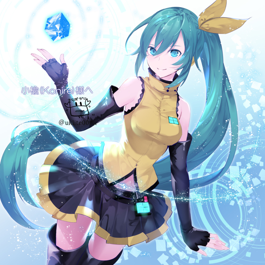 1girl aqua_eyes aqua_hair bangs bare_shoulders black_gloves black_legwear black_skirt breasts brown_ribbon brown_shirt closed_mouth commentary_request cube elbow_gloves eyebrows_behind_hair fingerless_gloves gloves hair_between_eyes hair_ribbon hand_up hatsune_miku highres long_hair medium_breasts pleated_skirt ribbon shirt side_ponytail signature skirt sleeveless sleeveless_shirt smile solo standing thighhighs twitter_username very_long_hair vocaloid yuuki_kira