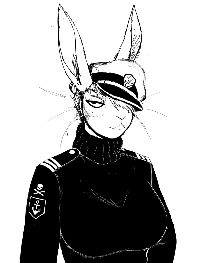 2020 anthro black_and_white clothing female hair hair_over_eye hat headgear headwear hi_res hladilnik lagomorph leporid mammal military_cap monochrome one_eye_obstructed pro_bun_(hladilnik) rabbit solo sweater topwear turtleneck_sweater