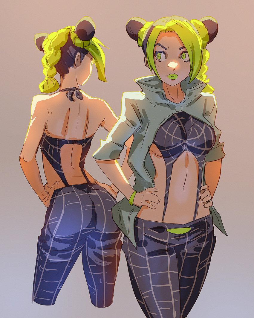 1girl black_hair cropped_legs davecavedraws double_bun from_behind green_eyes green_hair green_lipstick grey_background hands_on_hips highres jojo_no_kimyou_na_bouken kuujou_jolyne lipstick makeup multicolored_hair multiple_views navel pants stone_ocean suspenders two-tone_hair