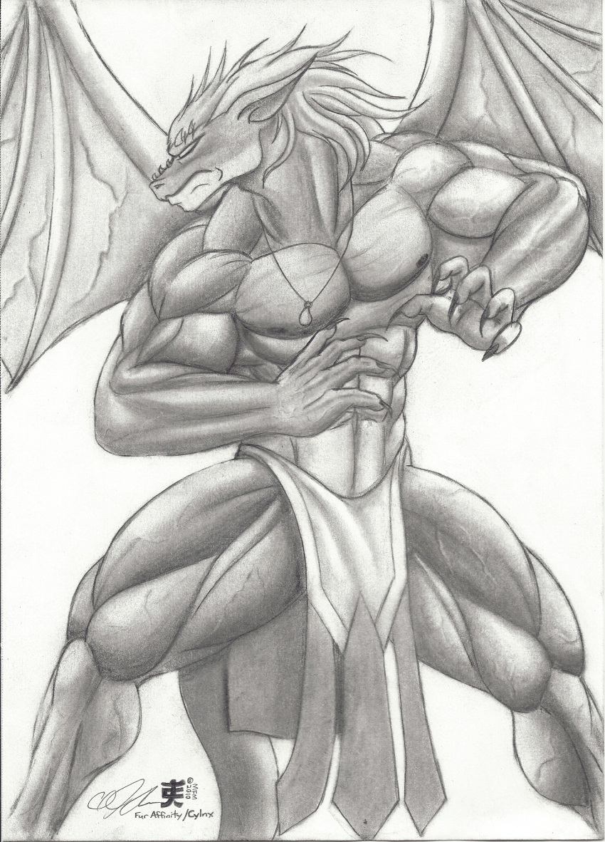 2012 5_fingers abs anthro azure_ebonwing clothed clothing crotch_apron cylnx dark_nipples dragon fingers hair hi_res jewelry male membrane_(anatomy) membranous_wings muscular muscular_anthro muscular_male muscular_thighs necklace no_pupils pecs scalie solo topless topless_male veiny_muscles veiny_wings western_dragon wings