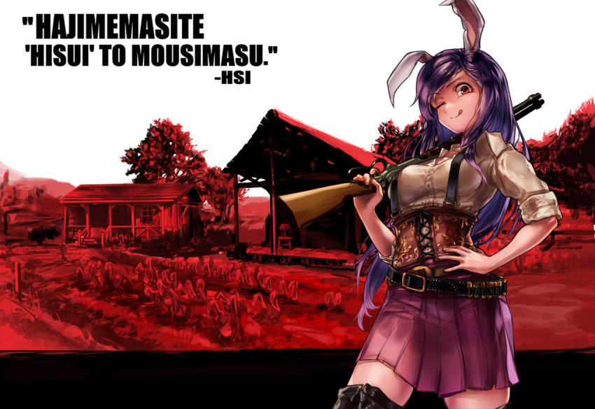 6+girls :p alternate_costume ammunition animal_ears belt black_belt black_footwear boots breasts bunny_ears bunny_girl chair collared_shirt commentary_request cookie_(touhou) corset cowboy_shot cross-laced_clothes crossover day farm gun hand_on_hip hisui_(cookie) long_hair looking_at_viewer medium_breasts megafaiarou_(talonflame_810) metal_hisui_(cookie) multiple_girls one_eye_closed outdoors porch purple_hair purple_skirt red_dead_redemption red_eyes red_theme reisen_udongein_inaba rifle romaji_text shack shirt short_sleeves skirt sleeves_rolled_up solo_focus suspenders tongue tongue_out touhou translation_request tree weapon white_shirt wing_collar