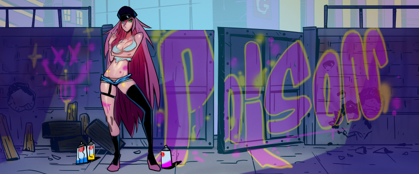 1girl aqua_eyes asymmetrical_legwear black_headwear black_legwear breasts character_name cleavage crop_top davecavedraws denim denim_shorts final_fight graffiti hat highres large_breasts long_hair looking_at_viewer micro_shorts middle_finger midriff navel outdoors paint peaked_cap poison_(final_fight) purple_footwear shadow shirt shorts solo spray_can spray_paint standing very_long_hair white_shirt wide_shot