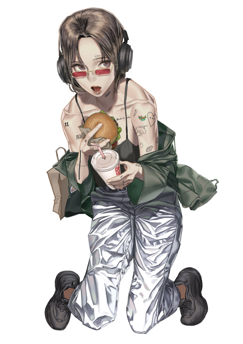 1girl absurdres bag black_eyes black_footwear brown_hair collarbone cup drink drinking_straw food gold-framed_eyewear hamburger headphones heo_sung-moo highres holding holding_cup holding_drink holding_food lettuce off_shoulder open_mouth original red-tinted_eyewear reflective_clothes shoes simple_background solo tattoo white_background