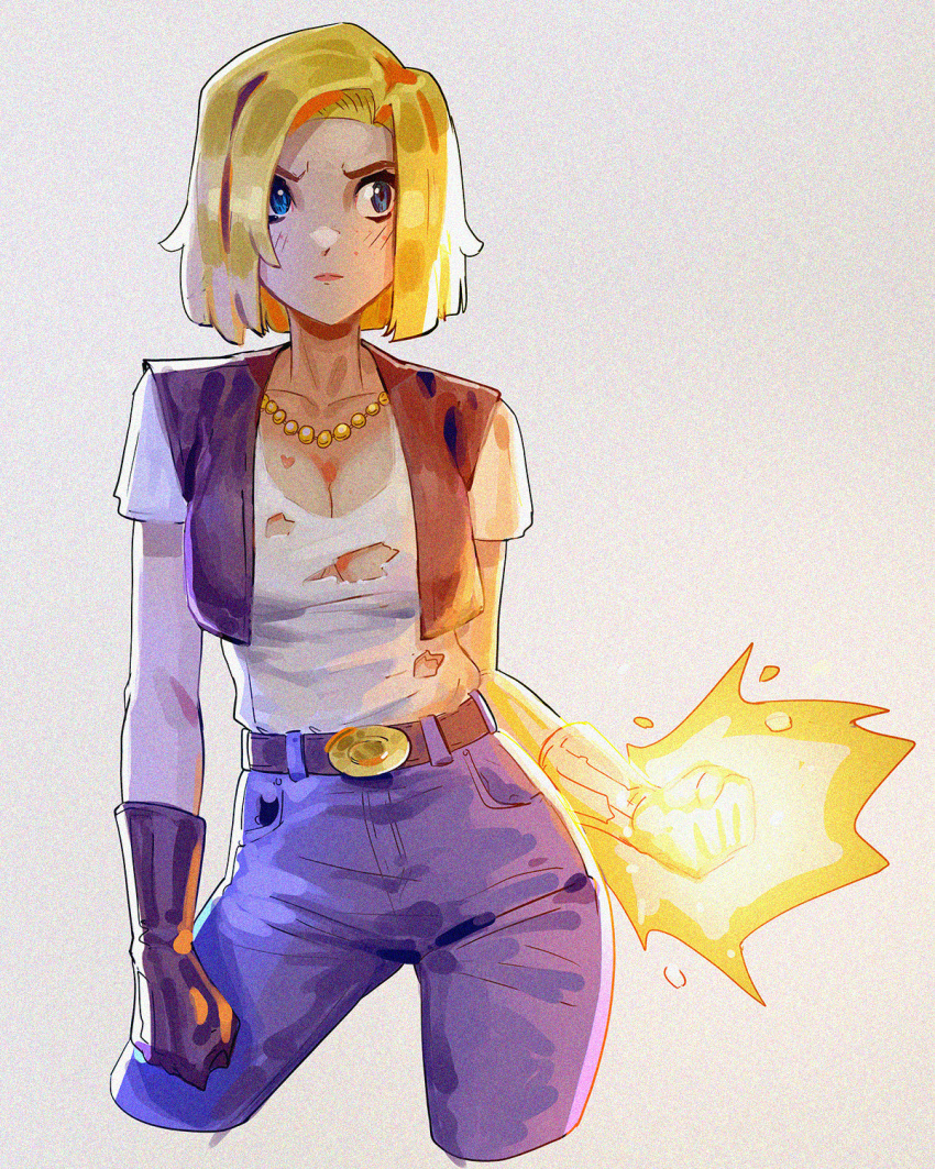 1girl android_18 belt black_gloves blonde_hair blue_hair blue_pants breasts cleavage cropped_legs davecavedraws denim dragon_ball dragon_ball_z gloves glowing highres jewelry large_breasts necklace pants shirt shirt_tucked_in short_hair short_sleeves solo torn_clothes torn_shirt white_shirt