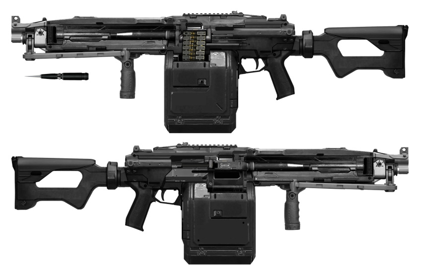 absurdres bullet from_side gun highres machine_gun no_humans original puremage rifle science_fiction size_comparison trigger weapon weapon_sheet