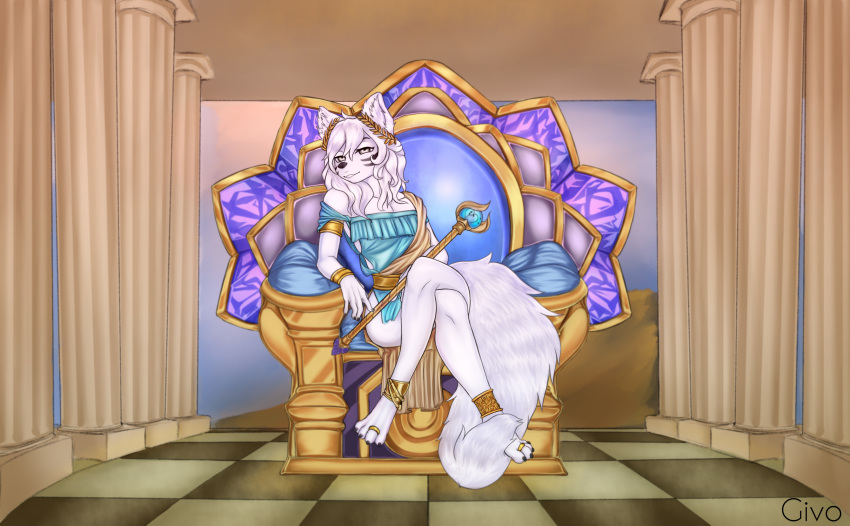 anthro butt canid canine canis chair claws clothing deity european_mythology furniture girly givo greek_mythology hair hi_res jewelry long_hair male mammal mythology paws pillar solo throne toga white_body wolf