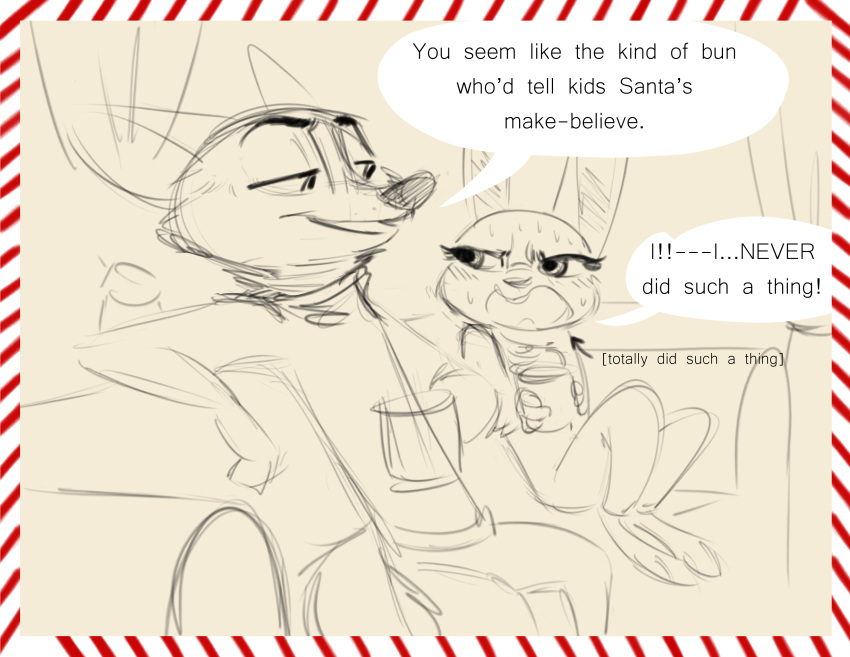 2020 absurd_res anthro border canid canine clothed clothing comic cup dialogue disney duo english_text fox fully_clothed fur furniture hi_res holding_cup holding_object judy_hopps lagomorph leporid mammal nick_wilde open_mouth open_smile qalcove rabbit reclining red_fox sketch smile sofa speech_bubble text white_border zootopia