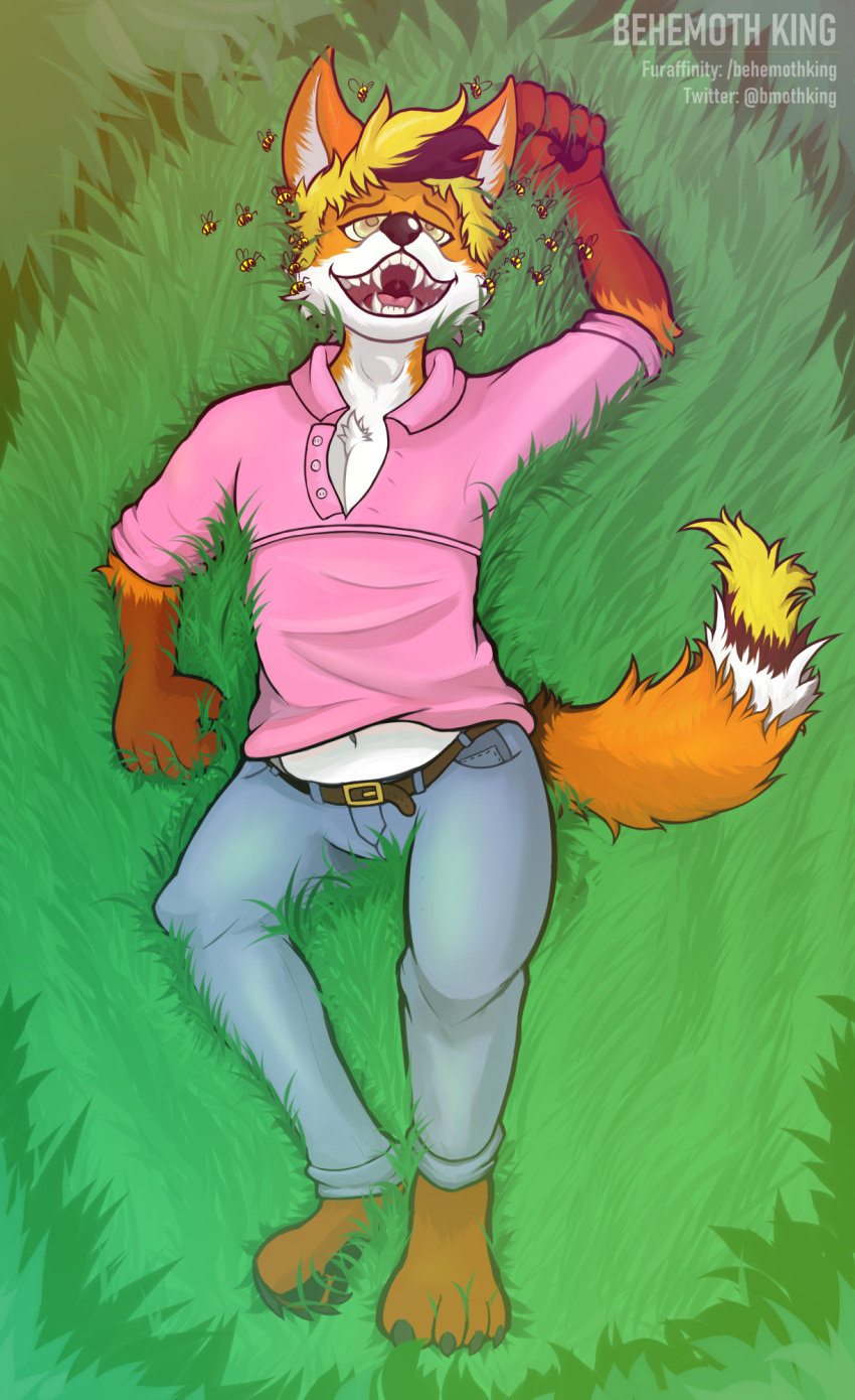 anthro arthropod bee behemothking bottomwear canid canine casual_exposure clothed clothing denim denim_clothing detailed_background drugged drugs empty_eyes fluffy fluffy_tail fox grass grass_field hallucination happy hi_res hymenopteran insect jeans lying male mammal on_back open_mouth outside pants partial_nudity pawpads plant polo_shirt shirt shrub solo solo_focus stoned substance_intoxication teeth topwear uvula