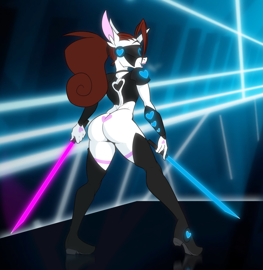 &lt;3 anthro beat_saber big_butt bottomless brown_hair butt clothed clothing equid equine female hair hasbro hi_res horn jrvanesbroek male_(lore) mammal melee_weapon my_little_pony solo sword unicorn weapon white_body