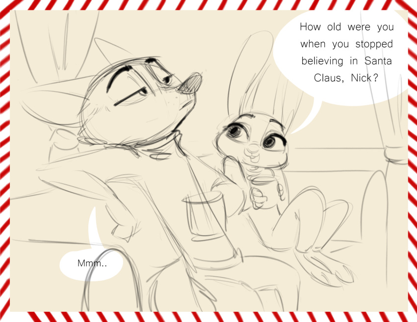 2020 absurd_res anthro border canid canine clothed clothing comic cup dialogue disney duo english_text fox fully_clothed fur hi_res holding_cup holding_object judy_hopps lagomorph leporid mammal nick_wilde qalcove rabbit reclining red_fox sketch speech_bubble text white_border zootopia