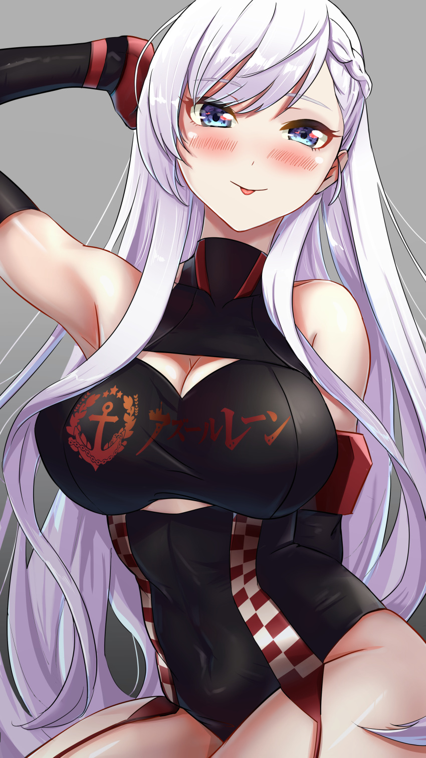 1girl absurdres arm_up azur_lane bare_shoulders belfast_(azur_lane) blue_eyes blush braid breasts cleavage_cutout clothing_cutout commentary_request copyright_name cosplay duke_of_york_(azur_lane) duke_of_york_(azur_lane)_(cosplay) duke_of_york_(prestige_of_the_glorious_formula)_(azur_lane) eyebrows_visible_through_hair garter_straps hand_on_own_head highres large_breasts long_hair marumai race_queen silver_hair tongue tongue_out upper_body