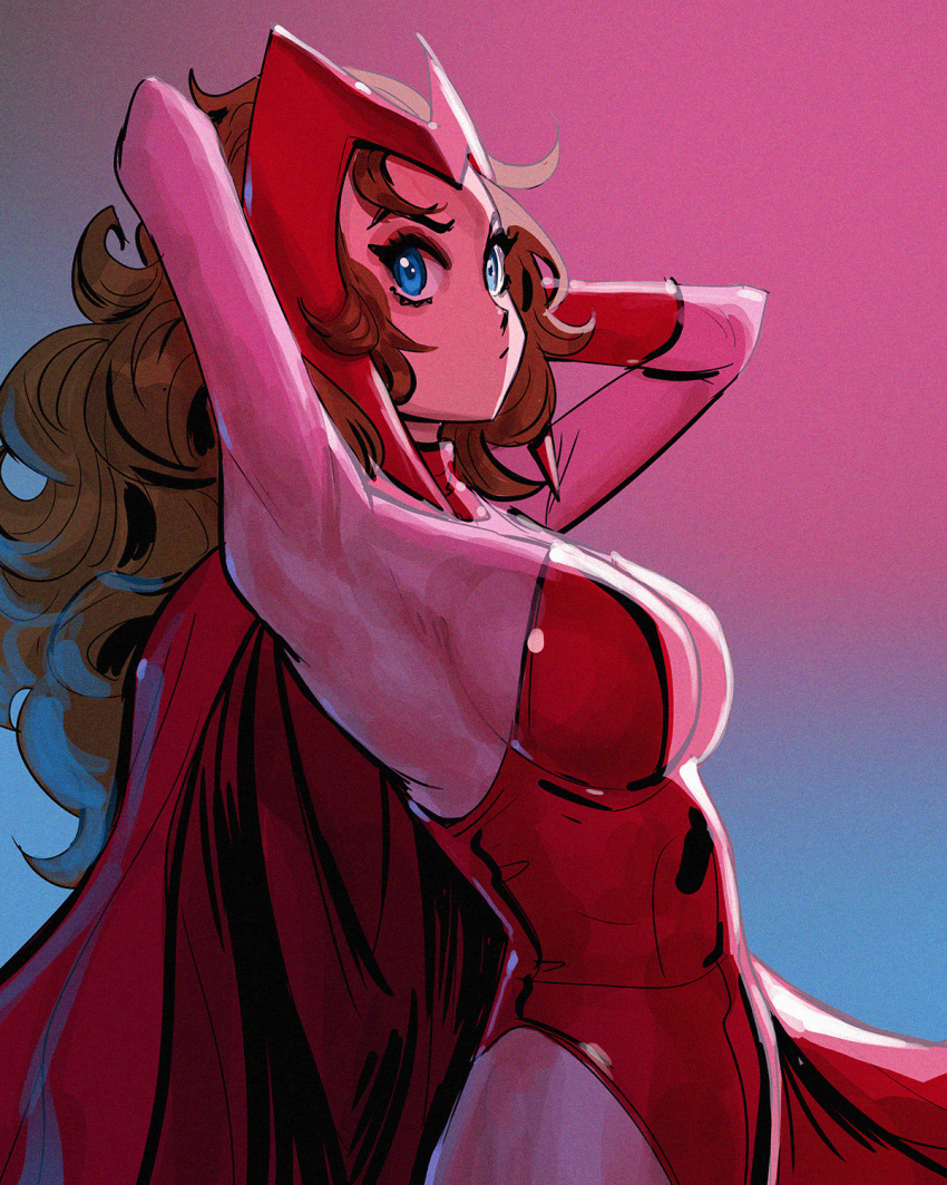 1girl armpits arms_behind_head avengers blue_eyes bodysuit breasts brown_hair cowboy_shot davecavedraws gloves gradient gradient_background highres large_breasts leotard long_hair marvel pink_bodysuit red_gloves red_leotard scarlet_witch solo