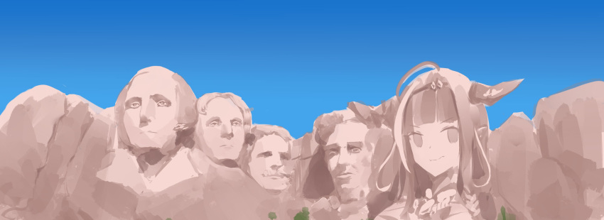 1girl 4boys abraham_lincoln ahoge bangs dragon_horns english_commentary eyebrows_visible_through_hair george_washington highres hololive horns kiryuu_coco looking_at_viewer lyrinne mount_rushmore multiple_boys parody real_life sky smirk statue stone theodore_roosevelt thomas_jefferson v-shaped_eyebrows virtual_youtuber