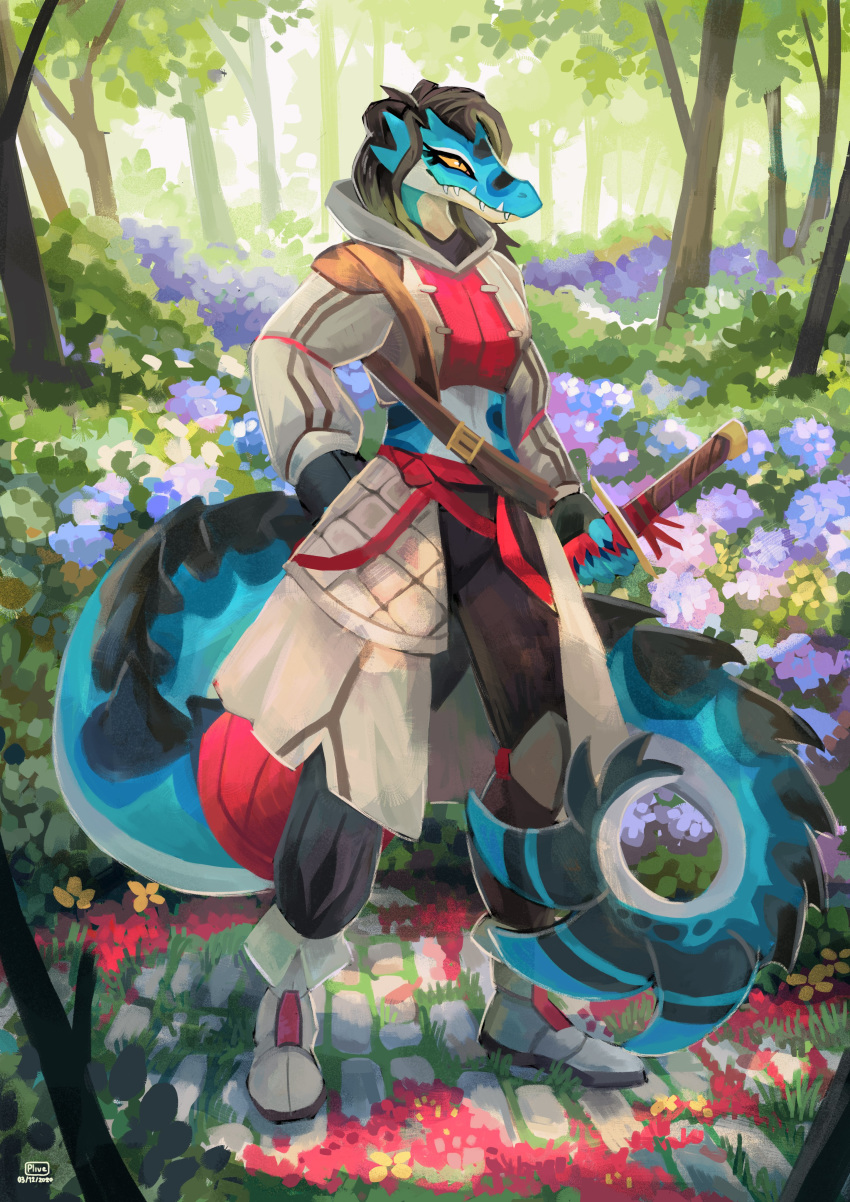 absurd_res anthro armor belt black_hair boots clothing cobblestone colored dragon female flower footwear forest hair hi_res hood painted plant plive scalie scampi shaded smile solo teeth tree warrior yellow_sclera