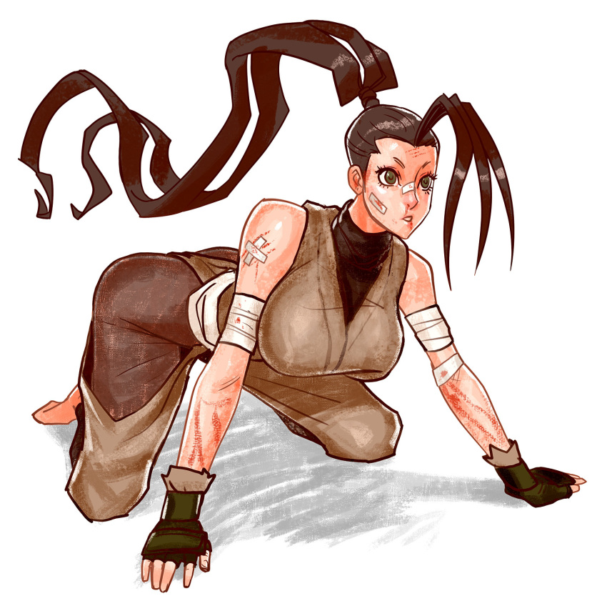 1girl bandages black_gloves brown_eyes brown_hair davecavedraws fingerless_gloves floating_hair gloves highres hip_vent ibuki_(street_fighter) long_hair ninja parted_lips ponytail shadow simple_background solo street_fighter street_fighter_iii_(series) very_long_hair white_background