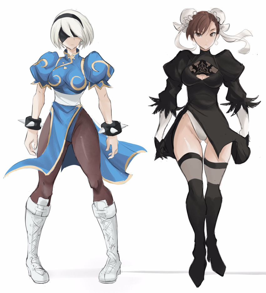 2girls black_blindfold black_dress black_footwear black_hairband blindfold blue_dress boots bracelet brown_eyes brown_hair bun_cover china_dress chinese_clothes chun-li chun-li_(cosplay) cleavage_cutout clothing_cutout cosplay costume_switch dress earrings feather-trimmed_sleeves full_body hairband highres jewelry juliet_sleeves long_sleeves multiple_girls nier_(series) nier_automata pantyhose pelvic_curtain puffy_short_sleeves puffy_sleeves rakeem_garcia-cueto short_hair short_sleeves simple_background spiked_bracelet spikes standing street_fighter thighhighs white_background white_footwear white_hair yorha_no._2_type_b yorha_no._2_type_b_(cosplay)