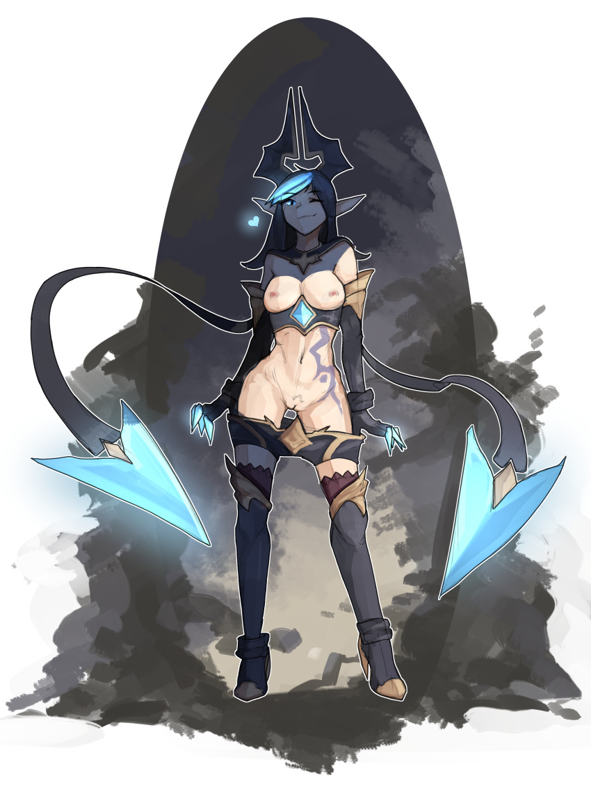 &lt;3 absurd_res alpha_channel armwear black_hair blue_eyes blue_hair boots breasts clothed clothing demon elbow_gloves evelynn_(lol) eyebrow_through_hair eyebrows female footwear full-length_portrait genitals gloves hair handwear hi_res high_heeled_boots horn horned_humanoid humanoid humanoid_pointy_ears league_of_legends legwear looking_at_viewer mammal multicolored_hair navel nipples no_underwear not_furry one_eye_closed portrait pubes pussy riot_games s_h_uuko shorts_pull simple_background small_breasts smile solo standing tattoo thigh_boots thigh_highs translucent translucent_hair undressing video_games white_outline