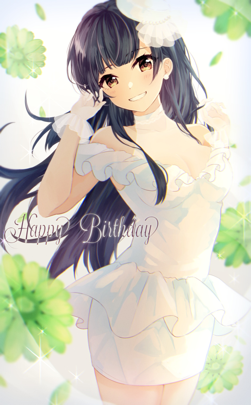 1girl bangs bare_shoulders black_hair blurry_foreground blush breasts brown_eyes cleavage dress earrings gloves green_flower grin hair_ornament hand_in_hair happy_birthday highres idolmaster idolmaster_shiny_colors jewelry kumano09_(yaecha0) long_hair looking_at_viewer mayuzumi_fuyuko medium_breasts pencil_skirt see-through skirt sleeveless smile solo standing two_side_up white_dress white_gloves
