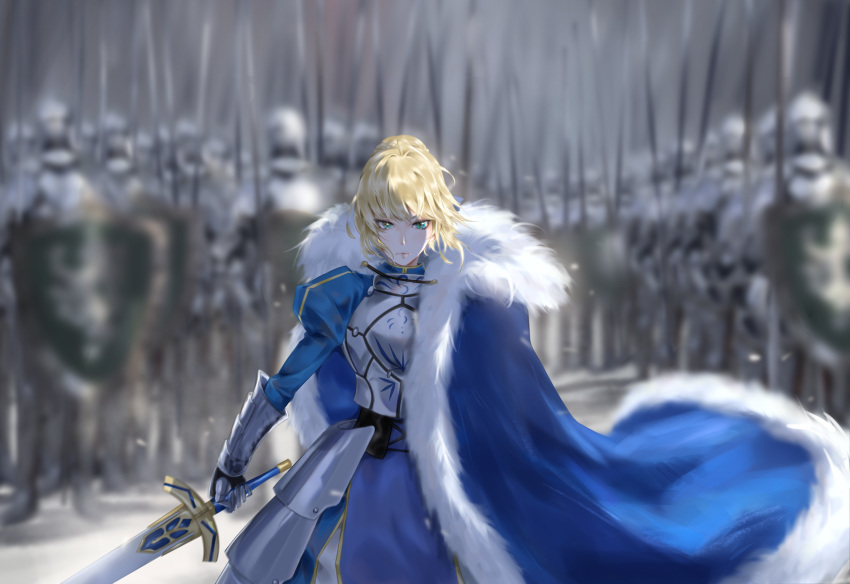 1girl absurdres ahoge armor armored_dress artoria_pendragon_(all) blonde_hair breastplate cape evenstar excalibur expressionless fate/grand_order fate/stay_night fate_(series) floating_cape fur-trimmed_cape fur_trim gauntlets green_eyes highres juliet_sleeves knight long_sleeves looking_at_viewer polearm puffy_sleeves saber shield snow solo weapon winter_clothes