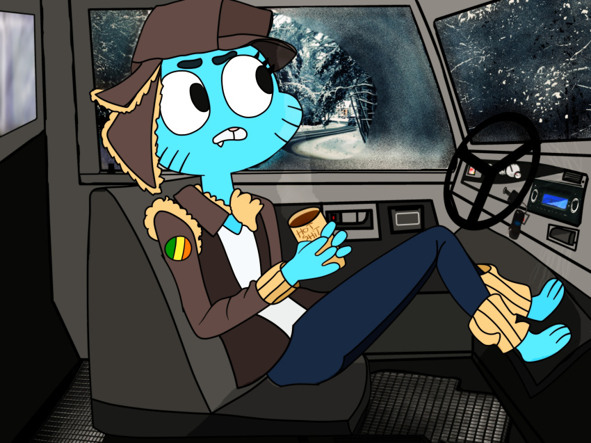 absurd_res aliv141 anthro car cartoon_network cup domestic_cat felid feline felis female hi_res mammal nicole_watterson solo tagme the_amazing_world_of_gumball vehicle winter