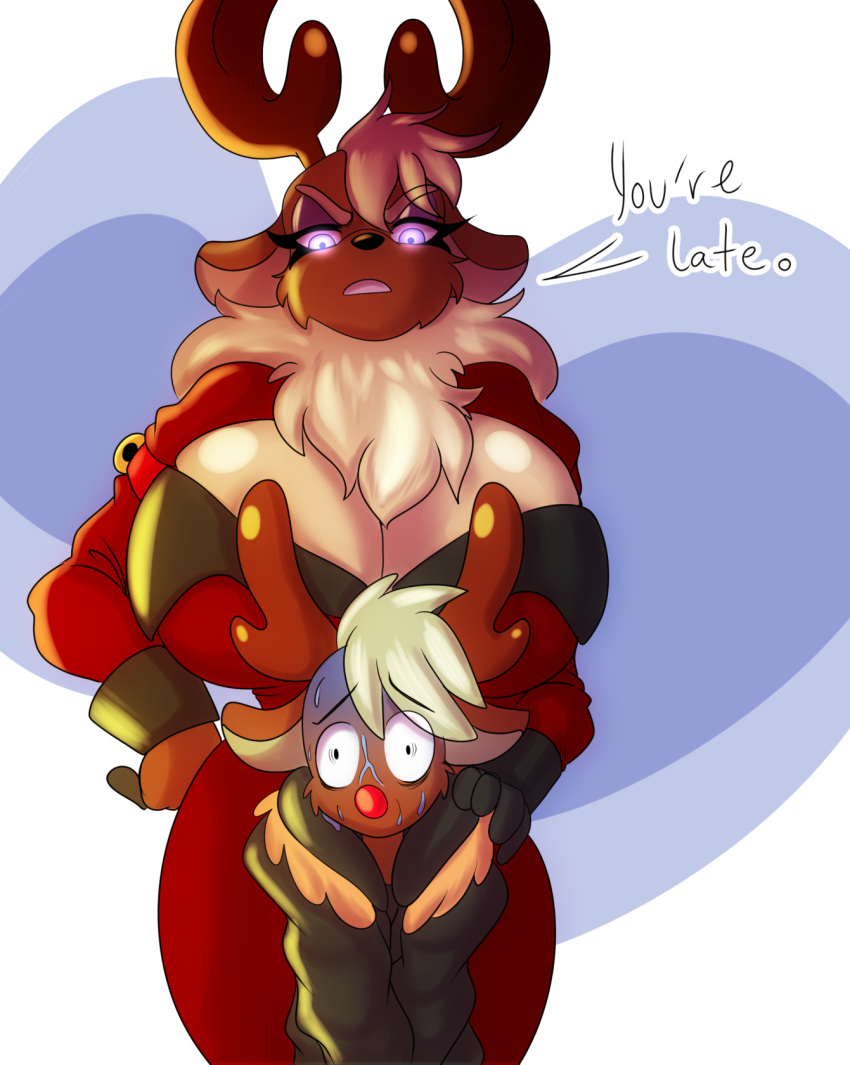 anthro antlers bell big_breasts bodily_fluids breasts capreoline cervid cleavage clothed clothing dialogue duo english_text female glowing glowing_eyes hi_res horn huge_breasts male mammal red_nose reindeer rudolph_the_red_nosed_reindeer solratic sweat text vixen_(reindeer) wide_hips worried