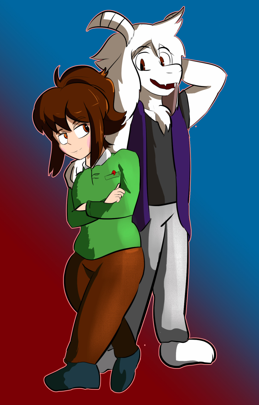 aged_up alternate_hairstyle anthro asriel_dreemurr boots bottomwear bovid brown_hair caprine chara_(undertale) clothing duo footwear fur goat hair hi_res horn human jacket male male/male mammal mildred_(artist) pants purple_clothing purple_jacket purple_topwear red_eyes sweater topwear undertale video_games