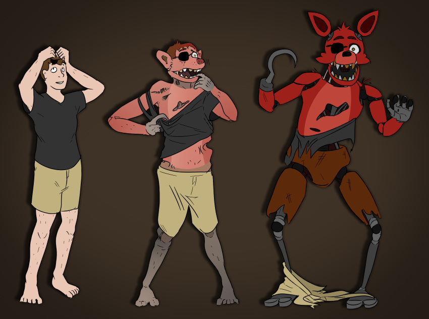 animatronic anthro black_nose bottomwear canid canine clothing eye_patch eyebrows eyewear five_nights_at_freddy's fox foxy_(fnaf) fused_fingers fused_toes hair hi_res hook human human_to_anthro machine mammal open_mouth pants pirate prurientpie red_body robot sharp_teeth species_transformation standing teeth torn_clothing transformation video_games