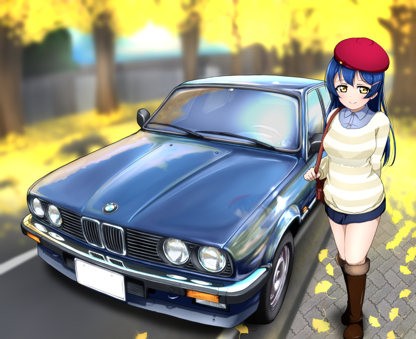 1girl autumn bangs beret blue_hair blush bmw bmw_m3 boots car commentary ground_vehicle hat highres long_hair looking_at_viewer love_live! love_live!_school_idol_project motor_vehicle smile solo sonoda_umi standing striped surv1v3-13005993 swept_bangs yellow_eyes
