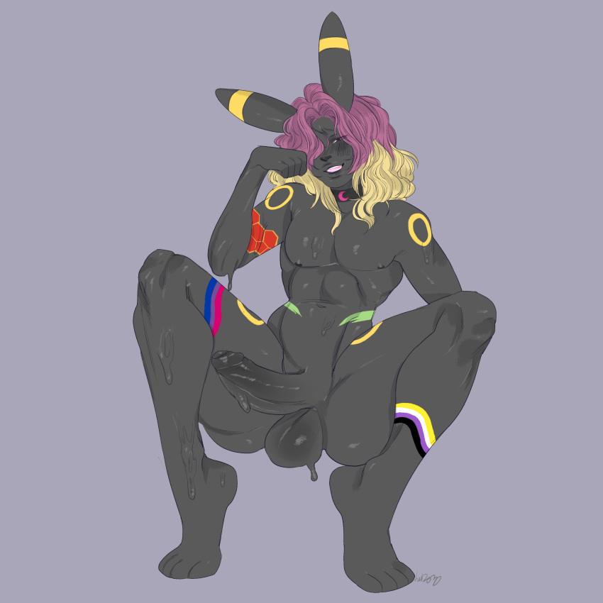 1:1 absurd_res anthro balls blonde_hair bodily_fluids christoph_hargreaves collar crouching eeveelution erection feet foreskin genitals hair hi_res humanoid_feet looking_at_viewer male multicolored_hair nintendo penis pok&eacute;mon pok&eacute;mon_(species) purple_hair rawbootymeat sitting smile smiling_at_viewer solo spread_legs spreading sweat tattoo teeth thick_thighs two_tone_hair umbreon uncut video_games