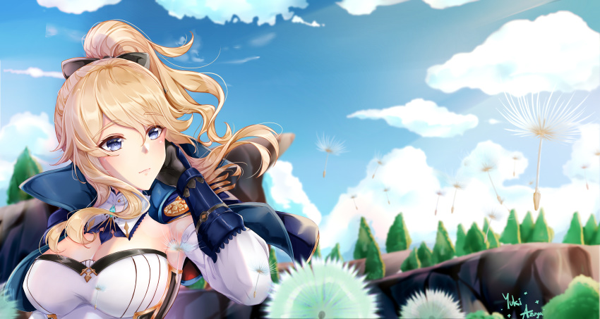 1girl absurdres adjusting_hair bangs black_gloves blonde_hair blue_capelet blue_eyes blue_sky blush breasts capelet cleavage closed_mouth cloud dandelion detached_collar detached_sleeves dimazu dress english_commentary eyebrows_visible_through_hair flower genshin_impact gloves hair_between_eyes hair_ribbon high_ponytail highres jean_gunnhildr large_breasts multicolored_capelet outdoors pink_lips ponytail ribbon rock sidelocks sky tree white_dress