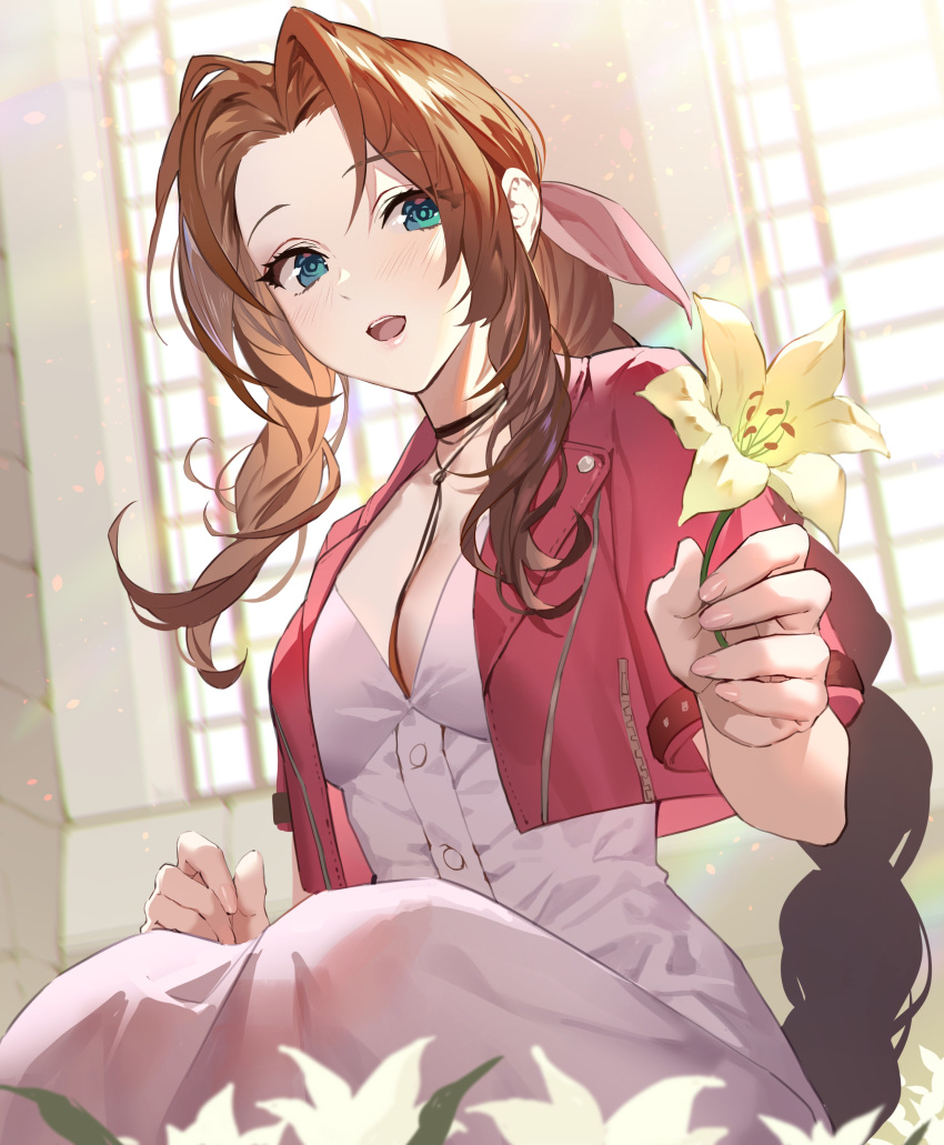 1girl absurdres aerith_gainsborough between_breasts black_choker blush braid braided_ponytail breasts brown_hair choker cleavage cropped_jacket dress final_fantasy final_fantasy_vii final_fantasy_vii_remake flower flower_bed green_eyes highres holding holding_flower indoors jacket jewelry long_dress looking_to_the_side medium_breasts necklace open_clothes open_jacket open_mouth pink_dress red_jacket sitting sunlight teffish tri_drills window