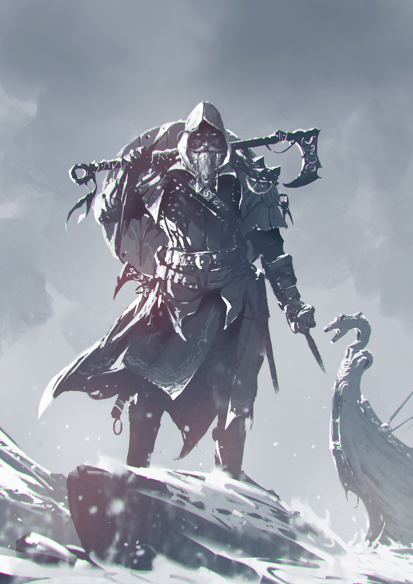 1boy absurdres axe belt boat commentary english_commentary gloves glowing glowing_eyes grey_sky highres holding holding_axe hood hood_up kalmahul long_sleeves longship looking_at_viewer male_focus original shield ship solo standing viking water watercraft