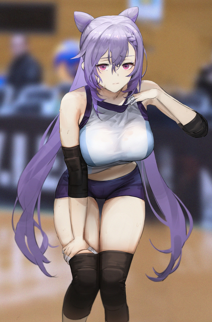 1girl absurdres bandaged_fingers bandages bare_shoulders bent_over braid breasts dokshuri double_bun elbow_pads genshin_impact highres keqing knee_pads long_hair looking_at_viewer navel purple_eyes purple_hair solo_focus sportswear sweat very_long_hair volleyball volleyball_uniform