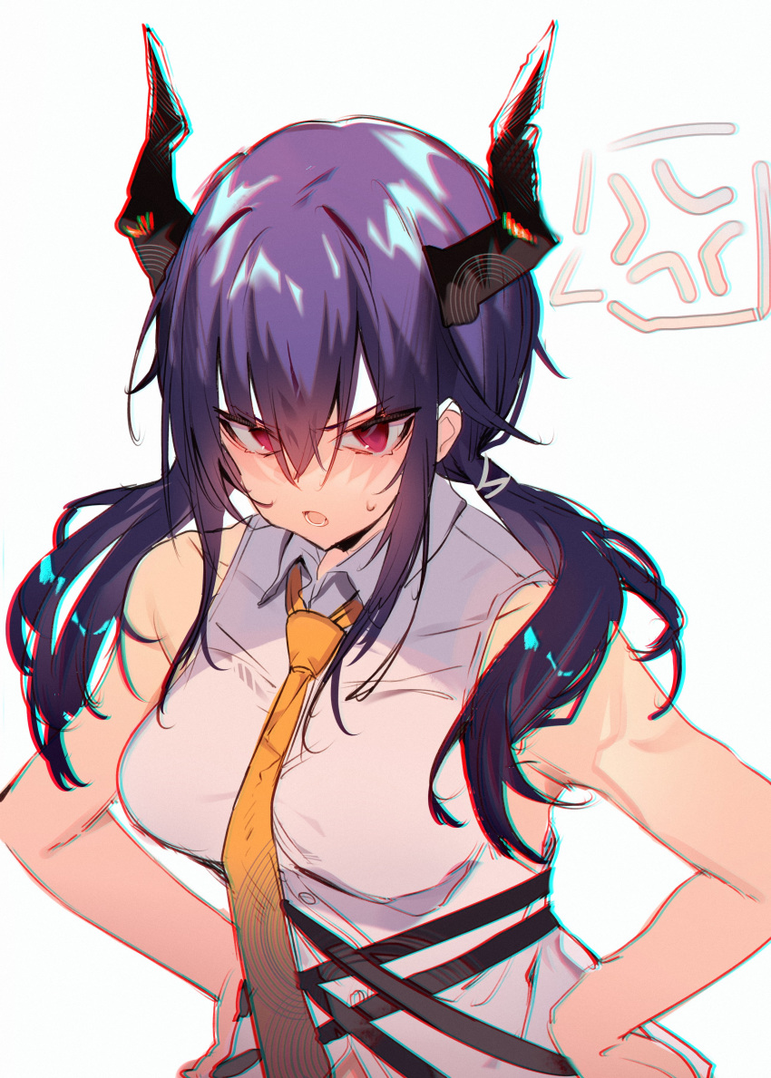 1girl absurdres anger_vein angry arknights blue_hair ch'en_(arknights) chromatic_aberration commentary dragon_horns hands_on_hips highres horns long_hair low_twintails necktie open_mouth orange_neckwear red_eyes shirt simple_background sleeveless soukou_makura spoken_anger_vein sweatdrop symbol_commentary tied_hair twintails white_background white_shirt