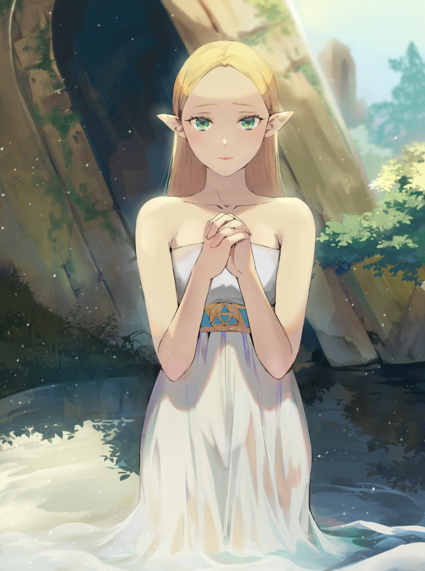 1girl absurdres bare_shoulders blonde_hair blue_sky bush dress grass green_eyes hands_together highres ice_(ice_aptx) interlocked_fingers looking_at_viewer outdoors partially_submerged pink_lips pointy_ears princess_zelda see-through sky strapless strapless_dress the_legend_of_zelda water wet wet_clothes wet_dress white_dress