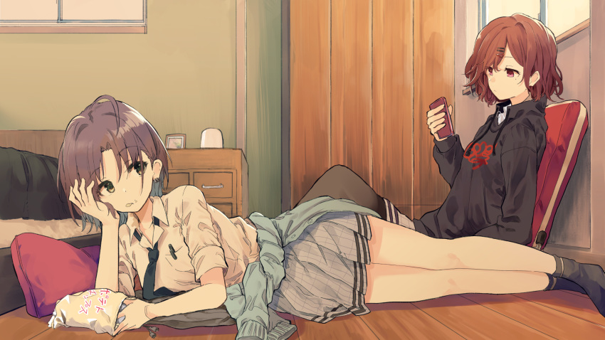 2girls asakura_tooru bag_of_chips bangs black_legwear black_sweater breasts brown_eyes brown_hair cellphone chips closed_mouth clothes_around_waist collared_shirt commentary_request drawstring earrings eyebrows_visible_through_hair food food_in_mouth food_on_face grey_skirt hair_between_eyes highres higuchi_madoka holding holding_phone idolmaster idolmaster_shiny_colors indoors jewelry knee_up lying mieharu mole mole_under_eye mouth_hold multiple_girls no_shoes on_side pantyhose parted_bangs phone pillow pleated_skirt potato_chips purple_eyes shirt short_sleeves sitting skirt small_breasts socks sweater white_shirt window wooden_floor