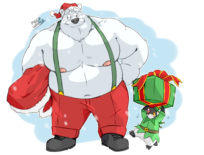 2020 anthro avian belly bird black_nose bottomwear christmas clothing duo gift hat headgear headwear hi_res holidays male mammal megawaffle_(artist) moobs navel nipples overweight overweight_male pants penguin polar_bear santa_claus santa_hat ursid ursine