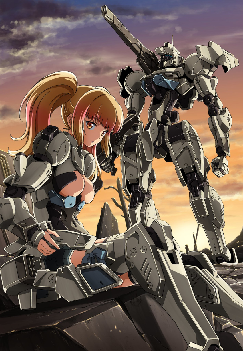 1girl baihu_(frame_arms) baihu_(frame_arms_girl) bangs blonde_hair breasts brown_eyes cleavage cleavage_cutout clenched_hands clothing_cutout frame_arms frame_arms_girl gradient_hair highres kumichou_(ef65-1118-ef81-95) looking_at_viewer mecha mecha_musume medium_breasts multicolored_hair one-eyed open_hand parted_lips pink_hair shoulder_cannon sitting twintails underboob