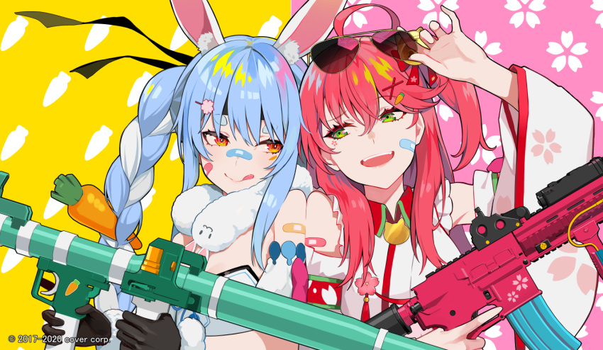 2girls :p ahoge animal_ear_fluff animal_ears assault_rifle bandaid bandaid_on_nose bangs blue_hair braid bunny_ears carrot_hair_ornament commentary_request detached_sleeves don-chan_(usada_pekora) eyebrows_visible_through_hair eyewear_lift eyewear_on_head food_themed_hair_ornament fur-trimmed_gloves fur_trim gloves green_eyes gun h&amp;k_hk416 hair_between_eyes hair_ornament holding holding_gun holding_weapon hololive long_hair looking_at_another medium_hair multiple_girls official_art open_mouth orange_eyes pink_hair portrait ram_(ramlabo) rifle rocket_launcher rpg rpg-7 sakura_miko short_eyebrows sunglasses thick_eyebrows tongue tongue_out trigger_discipline twin_braids usada_pekora virtual_youtuber watermark weapon