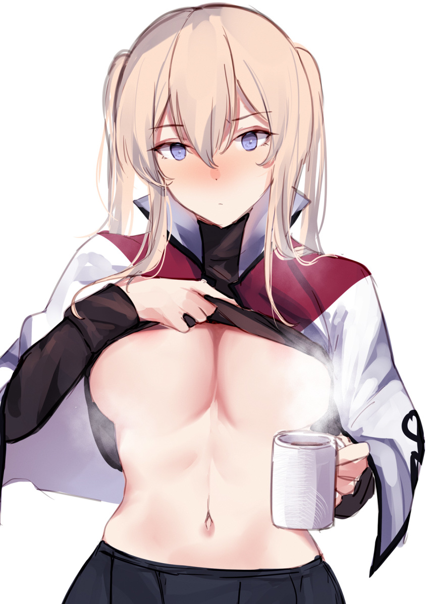 1girl bangs black_shirt black_skirt blonde_hair blush breasts capelet coffee_mug commentary_request cowboy_shot cup eyebrows_visible_through_hair graf_zeppelin_(kantai_collection) grey_eyes hair_between_eyes highres holding holding_cup kantai_collection large_breasts lifted_by_self long_hair long_sleeves looking_at_viewer military military_uniform miyasaka_miyabi mug navel shirt shirt_lift sidelocks simple_background skirt solo standing steam stomach tsurime twintails underboob uniform white_background