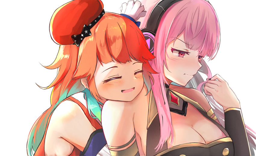 2girls bangs bare_shoulders black_bow black_nails blue_hair blush bow breasts chef_hat cleavage closed_eyes commentary english_commentary gradient_hair hat head_on_another's_shoulder headphones highres hololive hololive_english hug hug_from_behind large_breasts long_hair long_sleeves mori_calliope multicolored_hair multiple_girls open_mouth orange_hair pink_hair shuuzo3 simple_background smile takanashi_kiara upper_body virtual_youtuber white_background