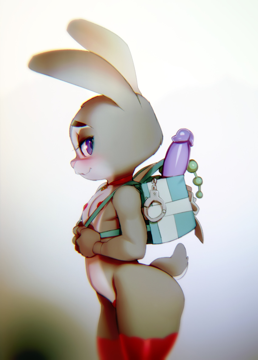 absurd_res anal_beads anthro backpack bedroom_eyes blush breasts clothing dildo disney doxy female fur glistening glistening_body glistening_clothing half-closed_eyes handcuffs hi_res judy_hopps lagomorph legwear leporid looking_at_viewer mammal multicolored_body multicolored_fur narrowed_eyes naughty_face nipples purple_eyes rabbit seductive sex_toy shackles side_view small_breasts smile solo thigh_highs two_tone_body two_tone_fur zootopia